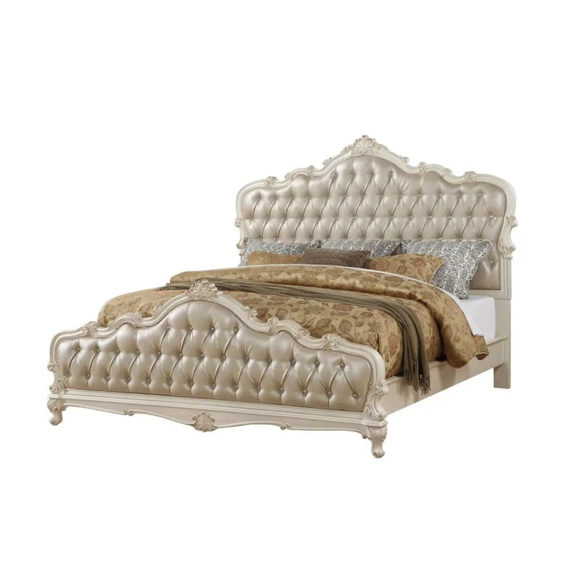 Ophelia California King Bed, Rose Gold Faux Leather & Pearl White iHome Studio