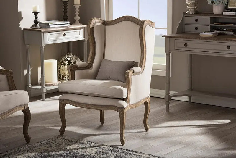Oreille French Provincial Style White Wash Distressed Two-tone Beige Upholstered Armchair iHome Studio