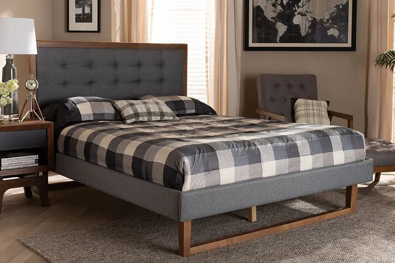 Paisley Dark Gray Fabric Ash Walnut Brown Wood Platform Bed (Full) iHome Studio