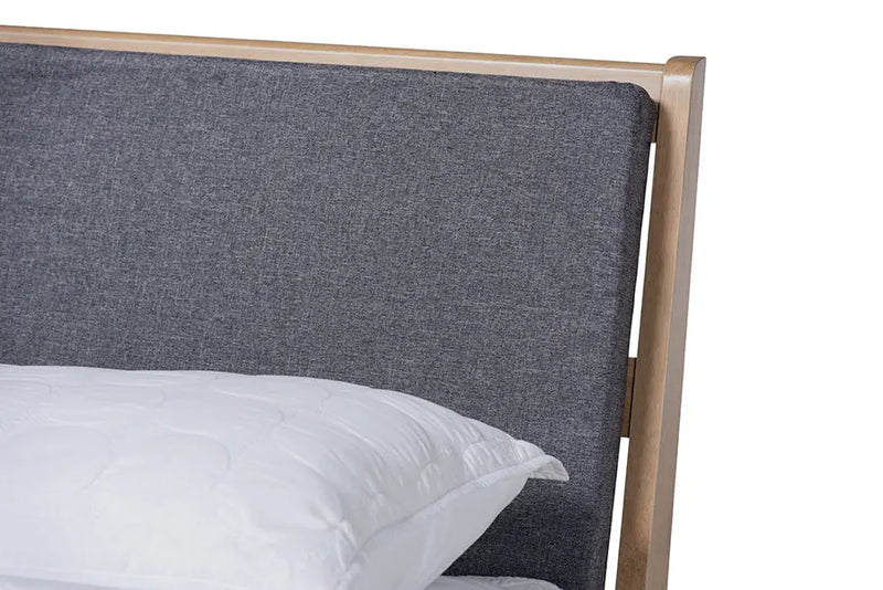 Paisley Gray Fabric Upholstered Natural Oak Finished Wood Platform Bed (King) iHome Studio