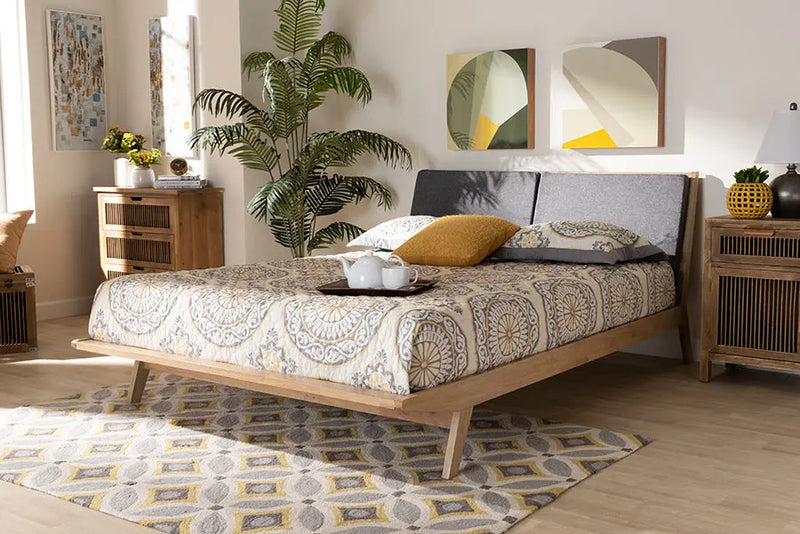 Paisley Gray Fabric Upholstered Natural Oak Finished Wood Platform Bed (Queen) iHome Studio