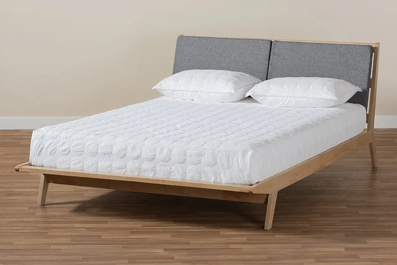 Paisley Gray Fabric Upholstered Natural Oak Finished Wood Platform Bed (Queen) iHome Studio