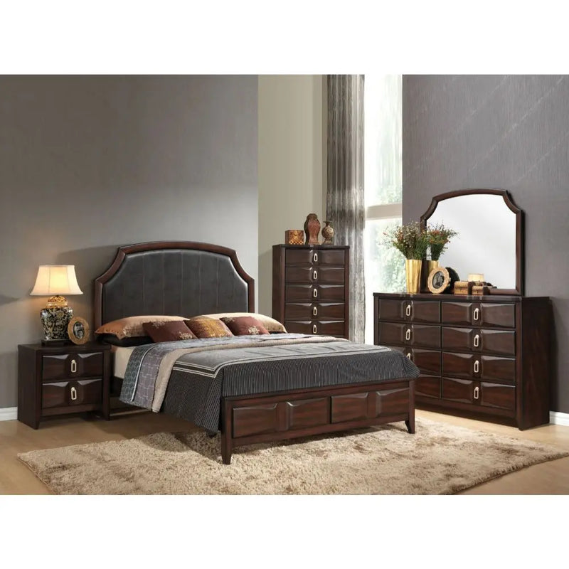 Paloma King Bed w/Raised Beveled Panels, Espresso Faux Leather & Espresso iHome Studio