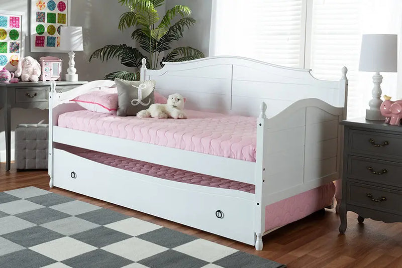 Paxton Cottage Farmhouse White Finished Wood Twin Size Daybed w/Trundle Bed iHome Studio