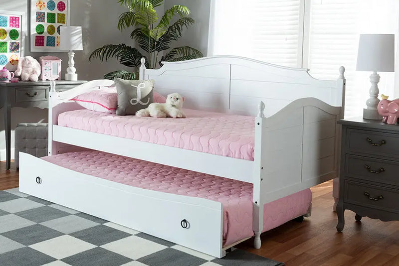Paxton Cottage Farmhouse White Finished Wood Twin Size Daybed w/Trundle Bed iHome Studio