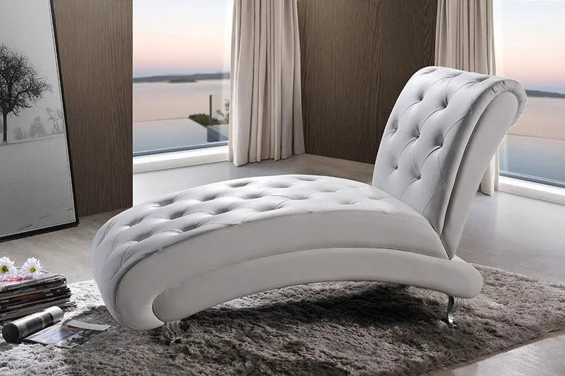 Pease Contemporary White Faux Leather Upholstered Crystal Button Tufted Chaise Lounge iHome Studio