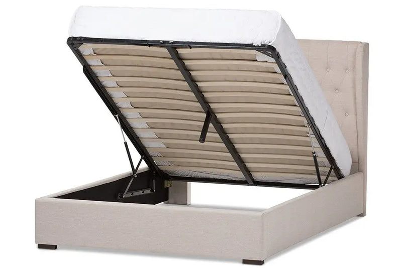 Penelope Light Beige Fabric Gas-Lift Platform Bed w/Tall Headboard (Queen) iHome Studio