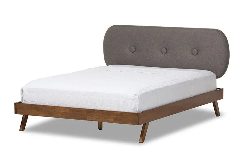 Penelope Solid Walnut Wood Grey Fabric Platform Bed w/Oval Headboard (King) iHome Studio