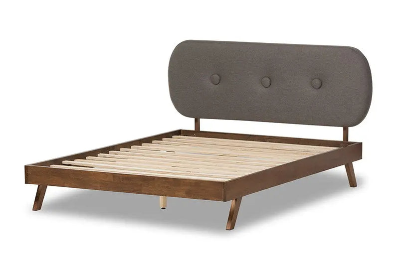 Penelope Solid Walnut Wood Grey Fabric Platform Bed w/Oval Headboard (King) iHome Studio
