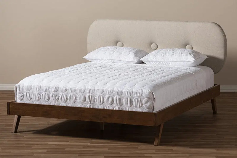 Penelope Solid Walnut Wood Light Beige Fabric Bed w/Oval Headboard (Full) iHome Studio