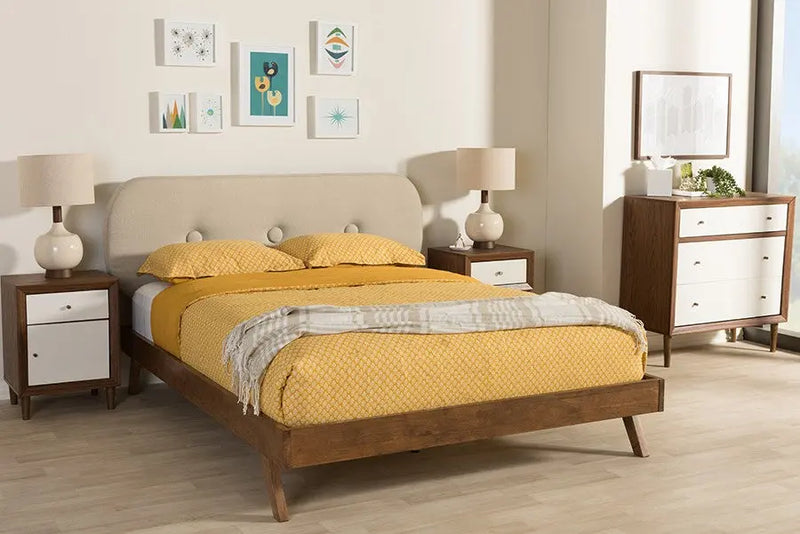 Penelope Solid Walnut Wood Light Beige Fabric Bed w/Oval Headboard (Queen) iHome Studio