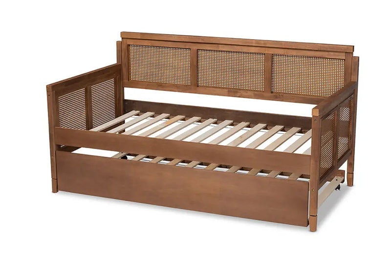 Peyton Vintage French Inspired Ash Wanut Finished Wood and Synthetic Rattan Daybed w/Trundle iHome Studio