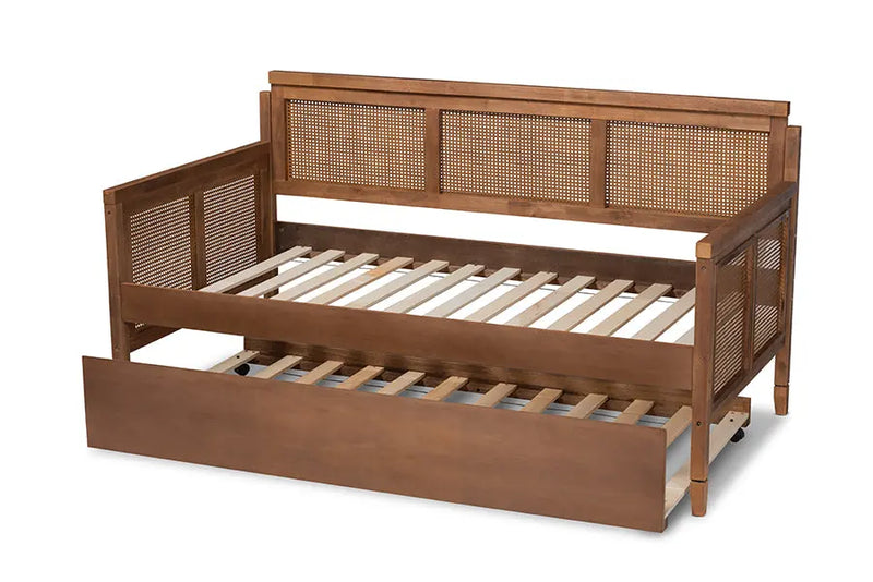 Peyton Vintage French Inspired Ash Wanut Finished Wood and Synthetic Rattan Daybed w/Trundle iHome Studio