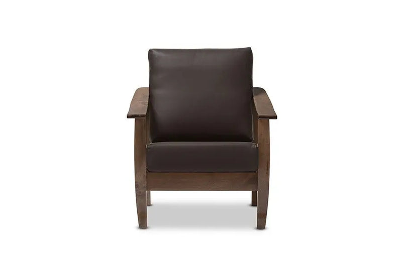 Pierce Walnut Brown Wood and Dark Brown Faux Leather 1-Seater Lounge Chair iHome Studio