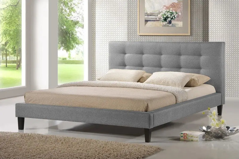 Quincy Grey Linen Platform Bed w/Upholstered Headboard (Queen) iHome Studio