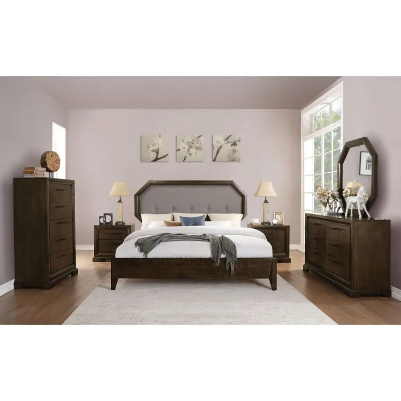 Raiden Queen Bed, Light Gray Fabric & Tobacco iHome Studio