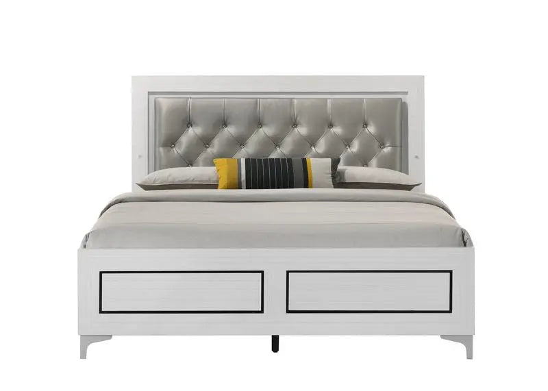 Rebecca King Bed, Gray Faux Leather & White Finish iHome Studio