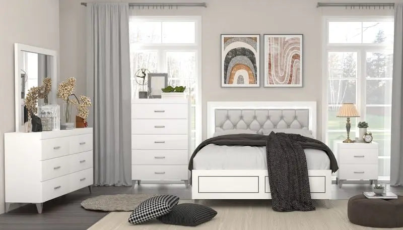 Rebecca King Bed, Gray Faux Leather & White Finish iHome Studio