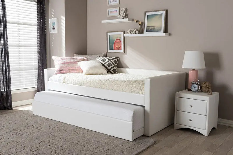 Reeve Modern and Contemporary White Faux Leather Twin Size Daybed Bed Frame with Trundle iHome Studio