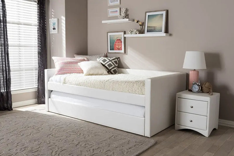 Reeve Modern and Contemporary White Faux Leather Twin Size Daybed Bed Frame with Trundle iHome Studio