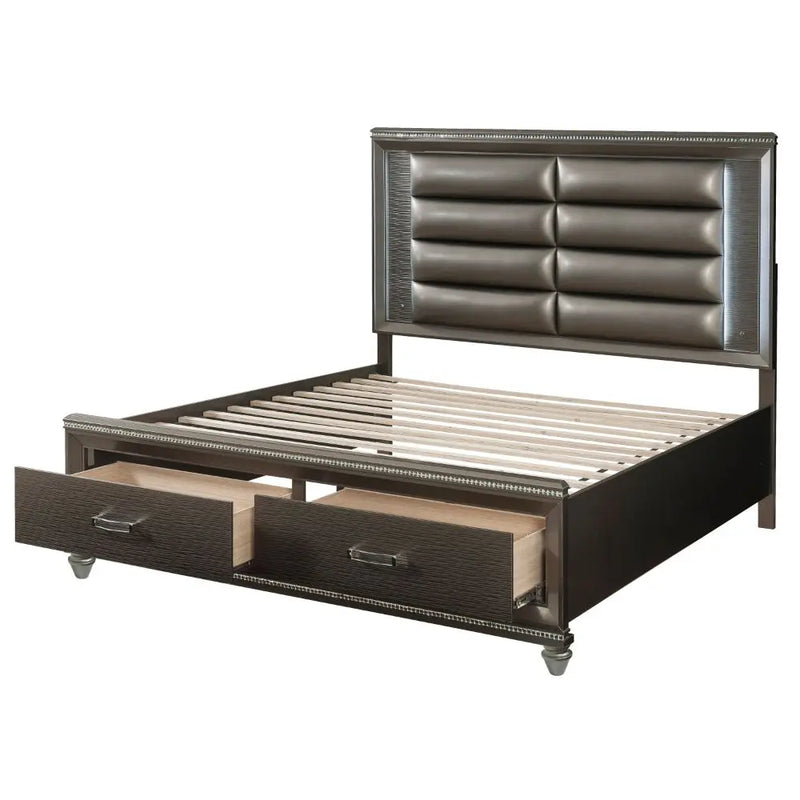 Ricardo King Bed w/Front Drawer, Faux Leather & Dark Champagne iHome Studio