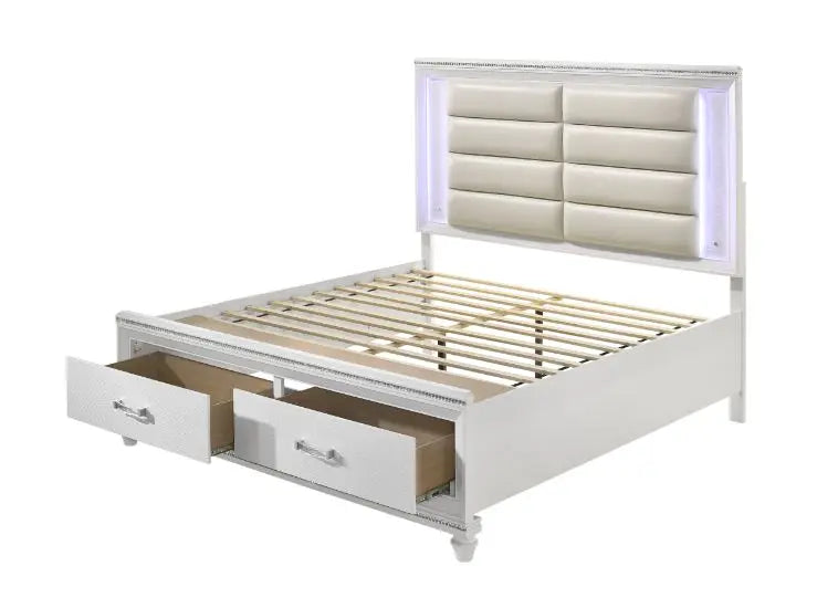 Ricardo King Bed w/Front Drawer, LED, Pearl White Faux Leather & White Finish iHome Studio