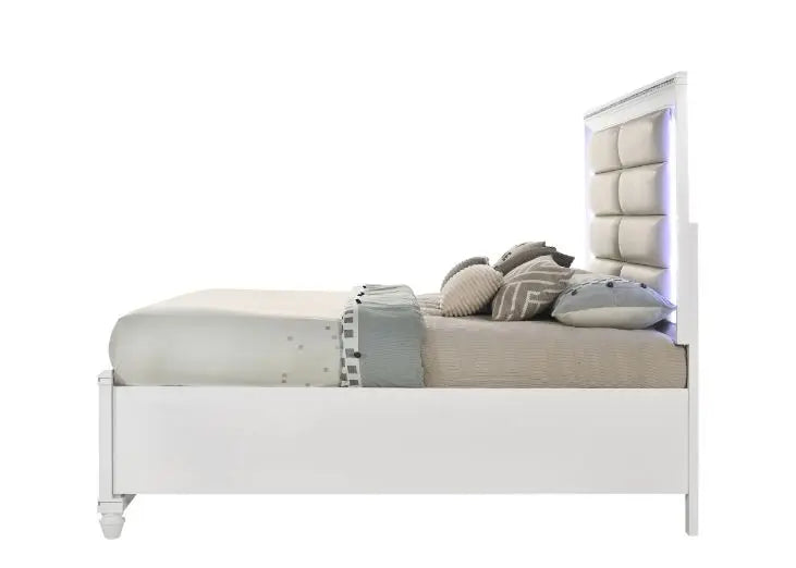 Ricardo King Bed w/Front Drawer, LED, Pearl White Faux Leather & White Finish iHome Studio