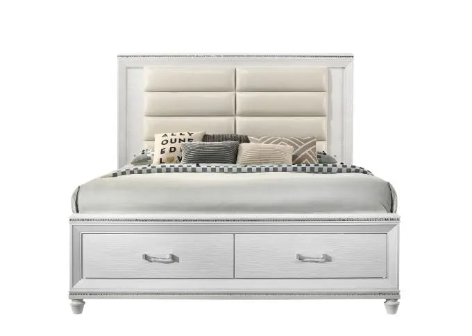 Ricardo King Bed w/Front Drawer, LED, Pearl White Faux Leather & White Finish iHome Studio