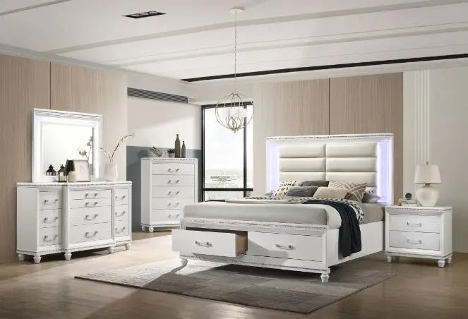 Ricardo King Bed w/Front Drawer, LED, Pearl White Faux Leather & White Finish iHome Studio