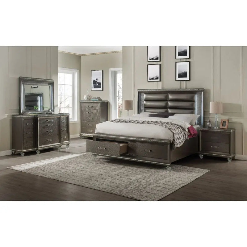 Ricardo Queen Bed w/Front Drawer, Faux Leather & Dark Champagne iHome Studio