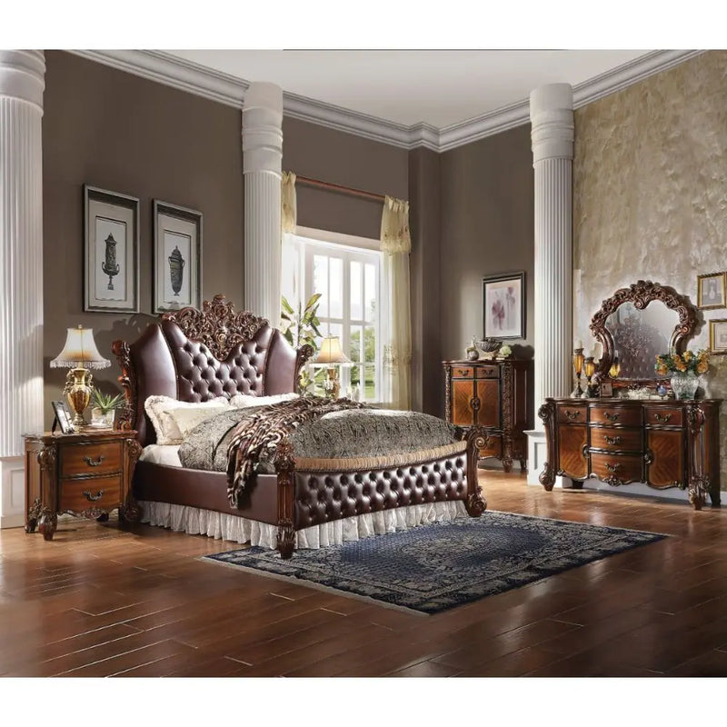 Ridge Queen Bed, Faux Leather & Cherry iHome Studio