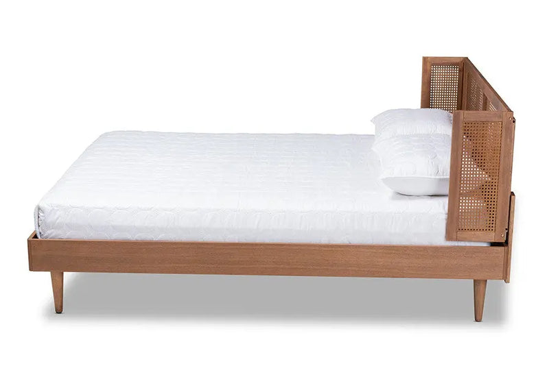 Rina Ash Wanut Wood , Synthetic Rattan Platform Bed w/Wrap-Around Headboard (Queen) iHome Studio