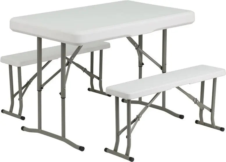 Rivera 3pcs Rectangular Plastic Folding Table w/2 Bench Set, Granite White iHome Studio