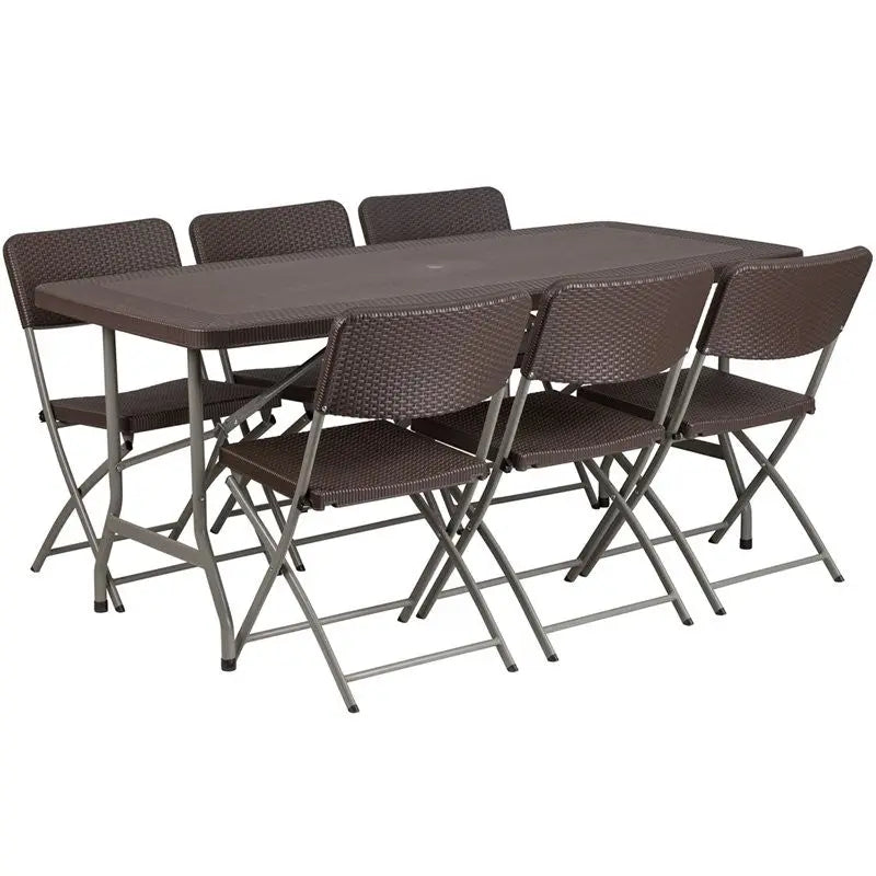 Rivera 7pcs 32.5''W x 67.5''L Plastic Folding Table w/6 Chairs, Brown Rattan iHome Studio