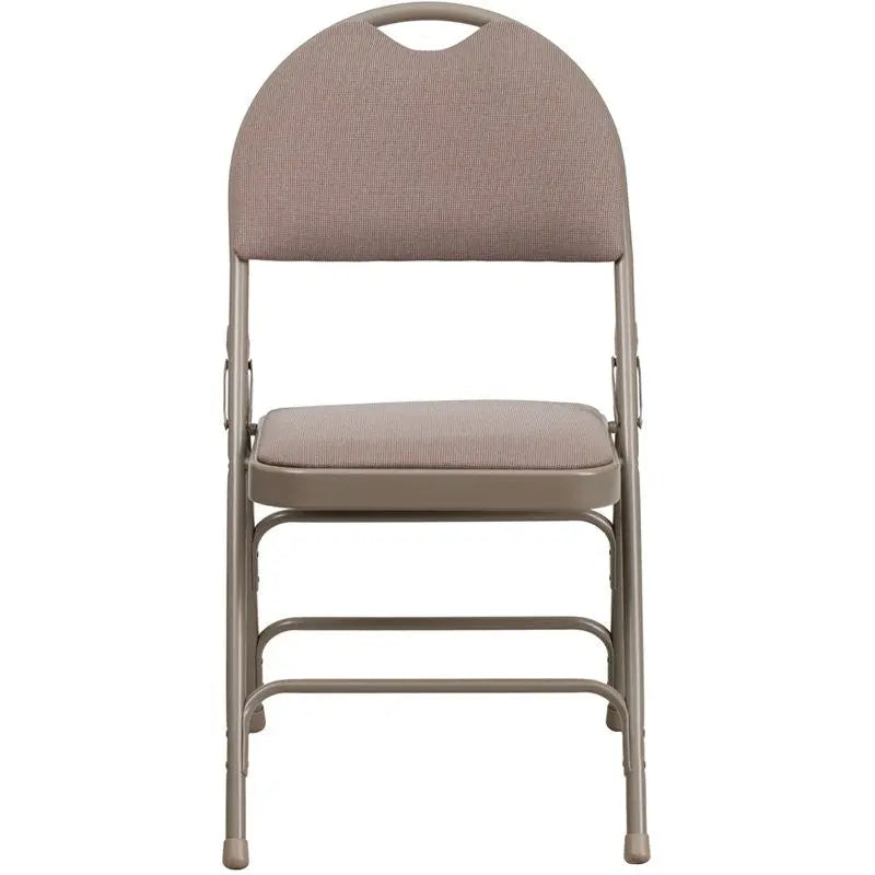 Rivera Metal Folding Chair, Beige Fabric Seat w/Carrying Handle Cutout Back iHome Studio