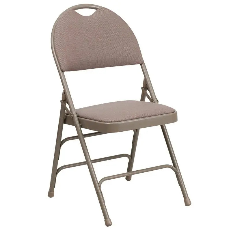 Rivera Metal Folding Chair, Beige Fabric Seat w/Carrying Handle Cutout Back iHome Studio