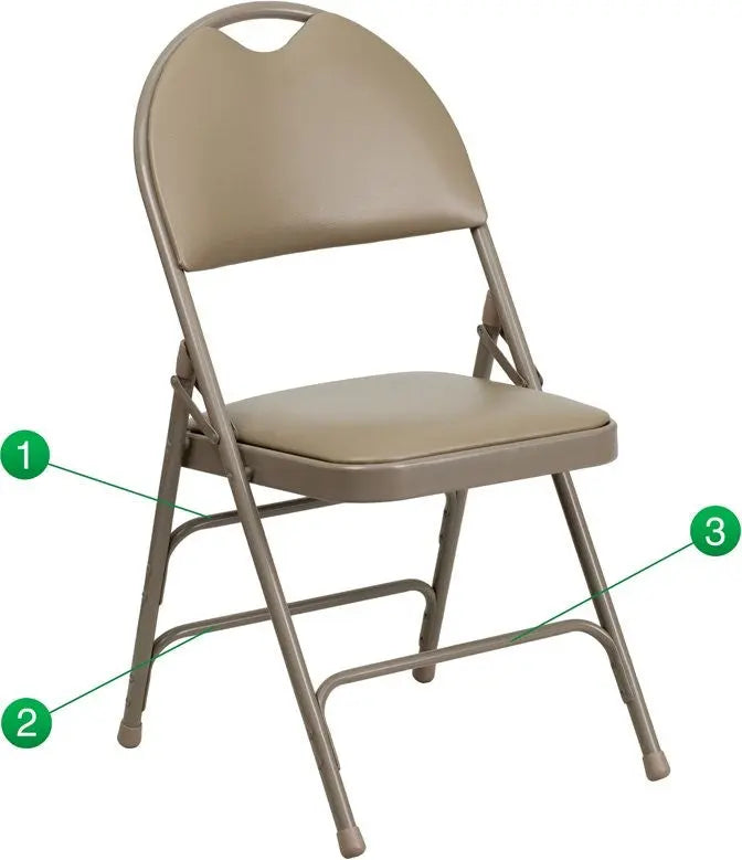 Rivera Metal Folding Chair, Beige Vinyl Seat w/Carrying Handle Cutout Back iHome Studio
