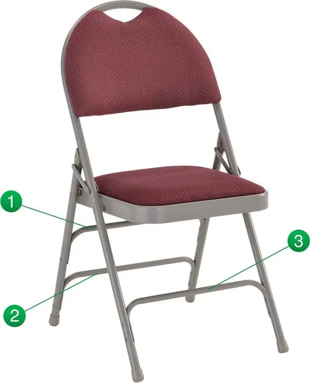 Rivera Metal Folding Chair, Burgundy Fabric Seat w/Carrying Handle Cutout Back iHome Studio
