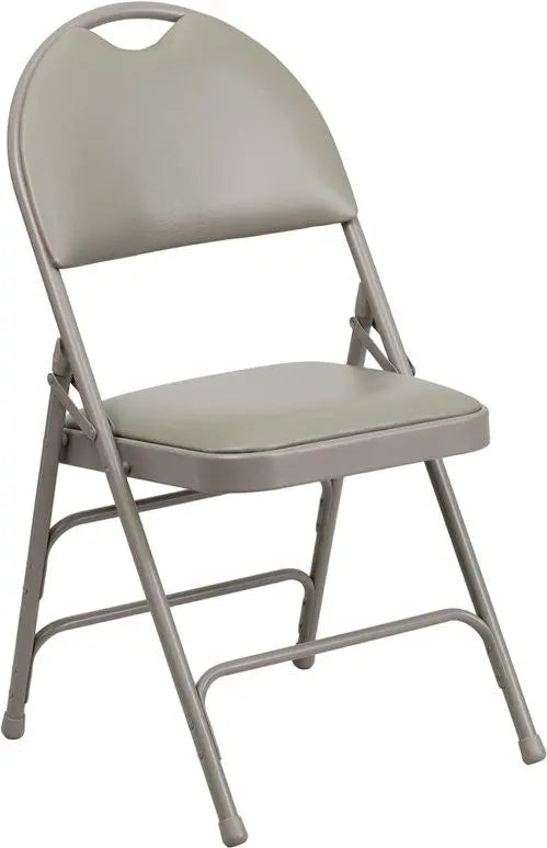 Rivera Metal Folding Chair, Grey Vinyl Seat w/Carrying Handle Cutout Back iHome Studio