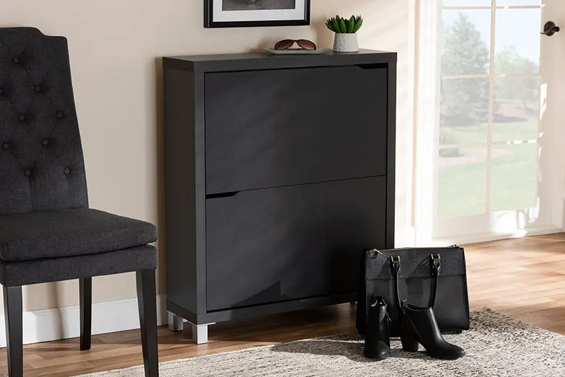 Rochester Dark Grey Finished Wood Shoe Storage Cabinet w/4 Fold-Out Racks iHome Studio