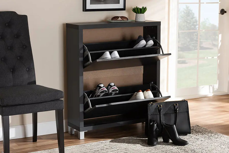 Rochester Dark Grey Finished Wood Shoe Storage Cabinet w/4 Fold-Out Racks iHome Studio
