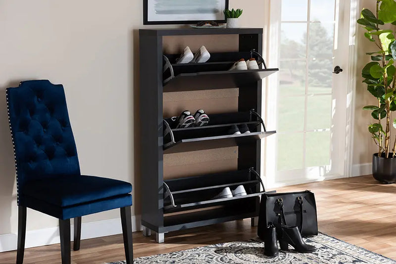 Rochester Dark Grey Finished Wood Shoe Storage Cabinet w/6 Fold-Out Racks iHome Studio