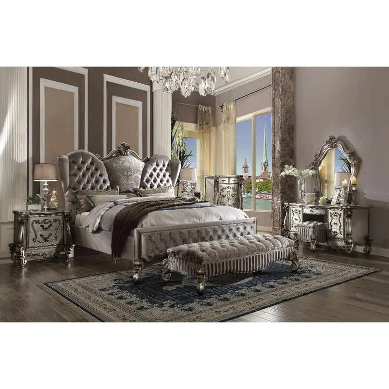 Ronald California King Bed, Velvet & Antique Platinum iHome Studio