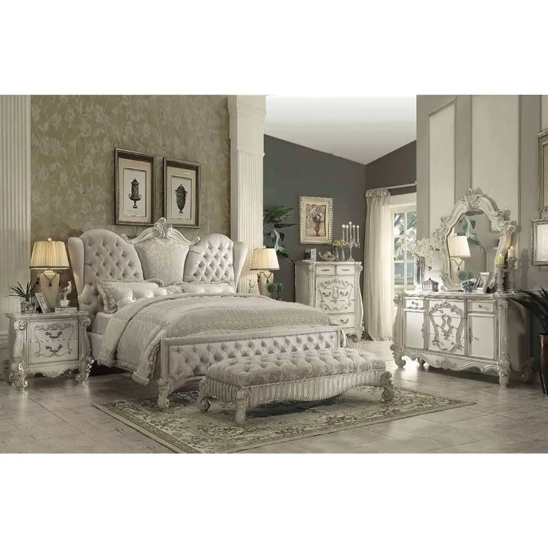 Ronald Queen Bed, Ivory Velvet & White iHome Studio