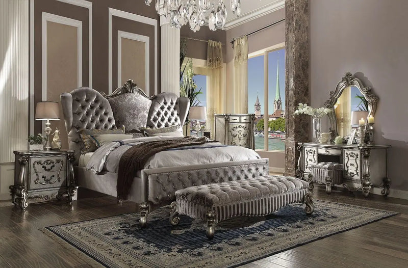 Ronald Queen Bed, Velvet & Antique Platinum iHome Studio