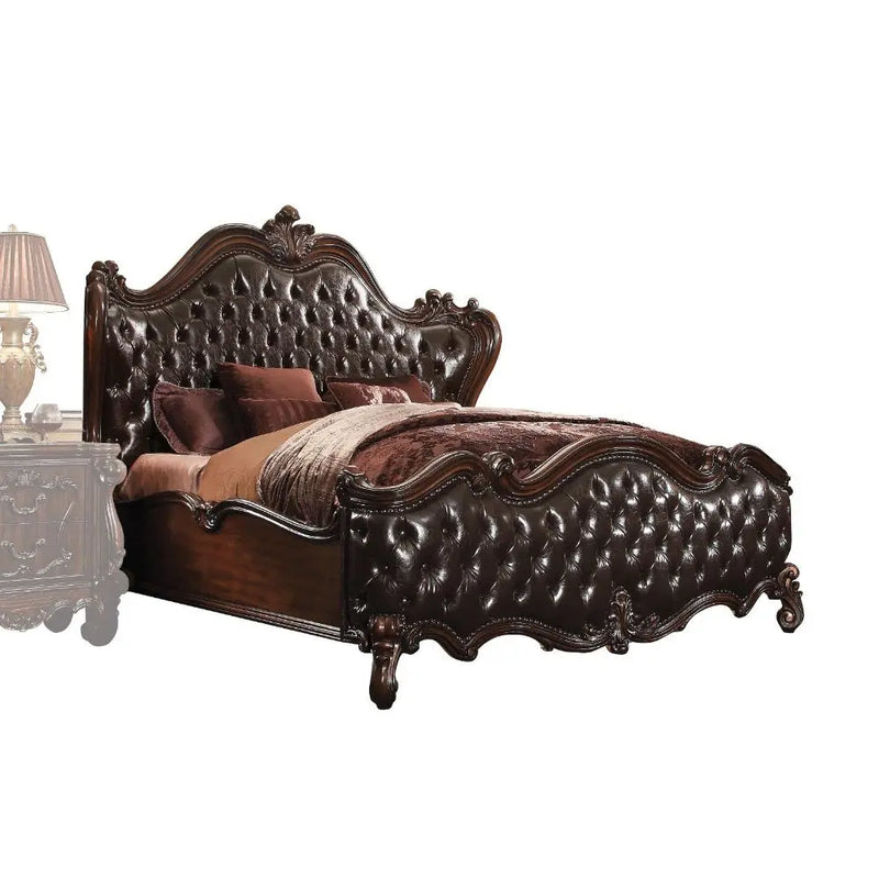 Ronald Wingback Button Tufted California King Bed, 2-Tone Dark Brown Faux Leather & Cherry Oak iHome Studio