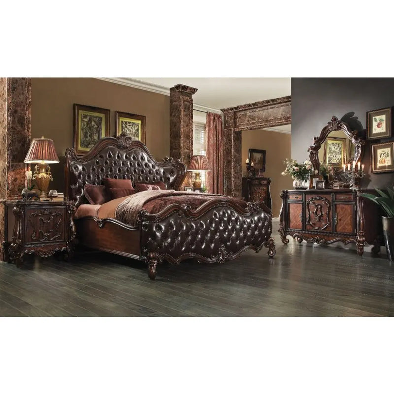Ronald Wingback Button Tufted California King Bed, 2-Tone Dark Brown Faux Leather & Cherry Oak iHome Studio