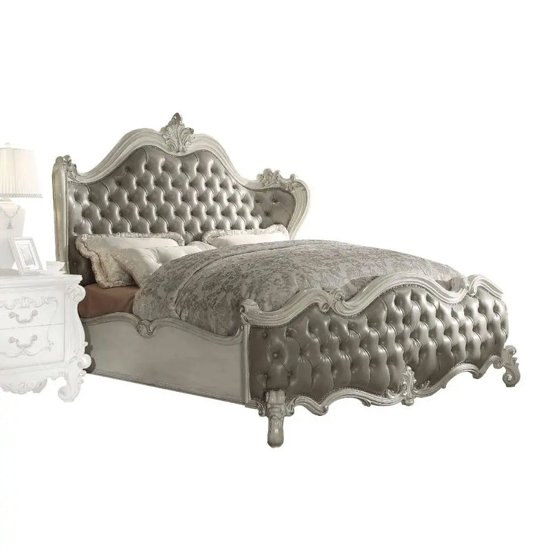 Ronald Wingback Button Tufted California King Bed, Vintage Gray Faux Leather & White iHome Studio