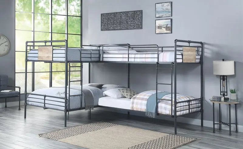 Rosemary L-Shape Twin/Full Metal Bunk Bed, Black, Dark Bronze Hand-Brushed Finish iHome Studio