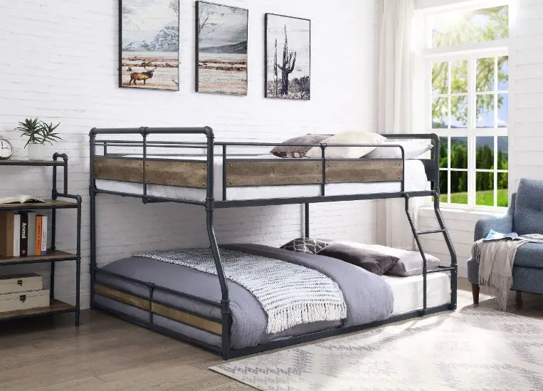 Rosemary Queen/Queen Bunk Bed, Antique Oak, Black & Dark Bronze Hand-Brushed Finish iHome Studio